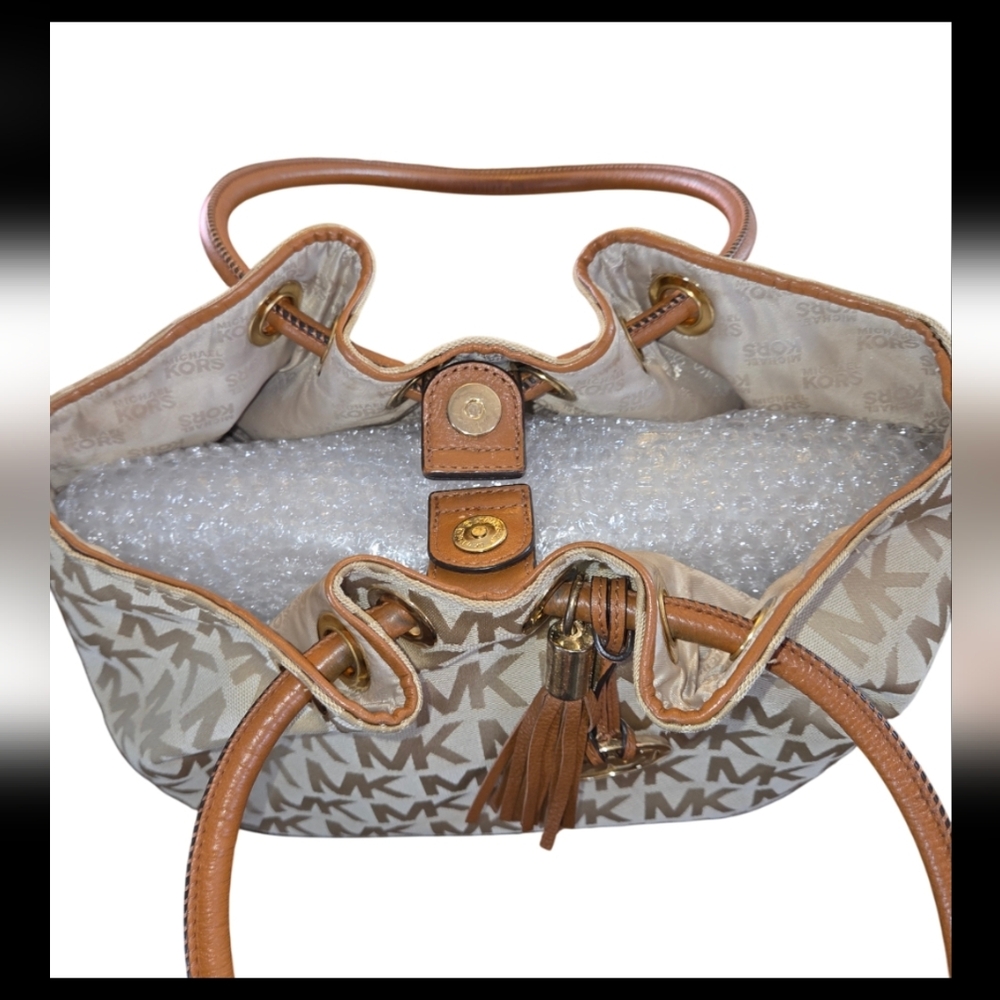 Michael Kors Tan & Brown Logo Canvas Bucket Bag (PreOwned -Sold As Is) - Picture 7 of 11